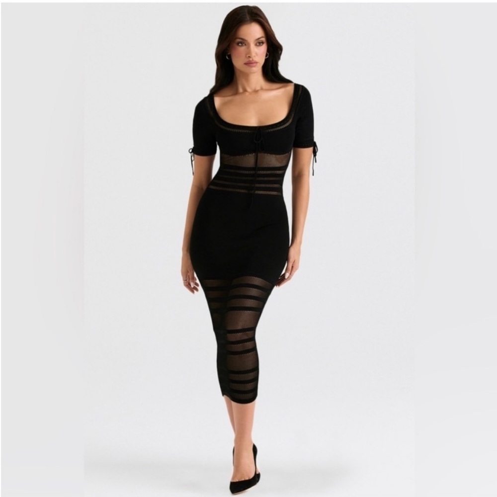 House of CB Black Bodycon Midi Dress Scoop Neck Short Sleeve